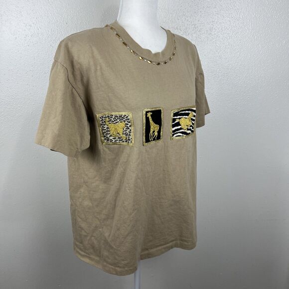 Vintage Clodia Dee Shirt Women Medium Brown Gold Cotton Animal Embroidered Tee - Picture 3 of 16